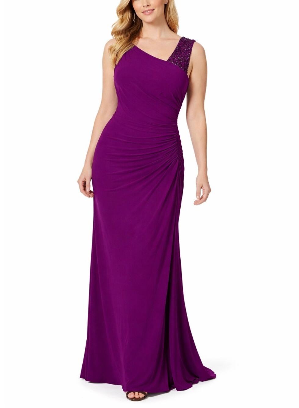 Adrianna Papell Fuchsia Pink Beaded One Shoulder Formal Column Dress Size 12